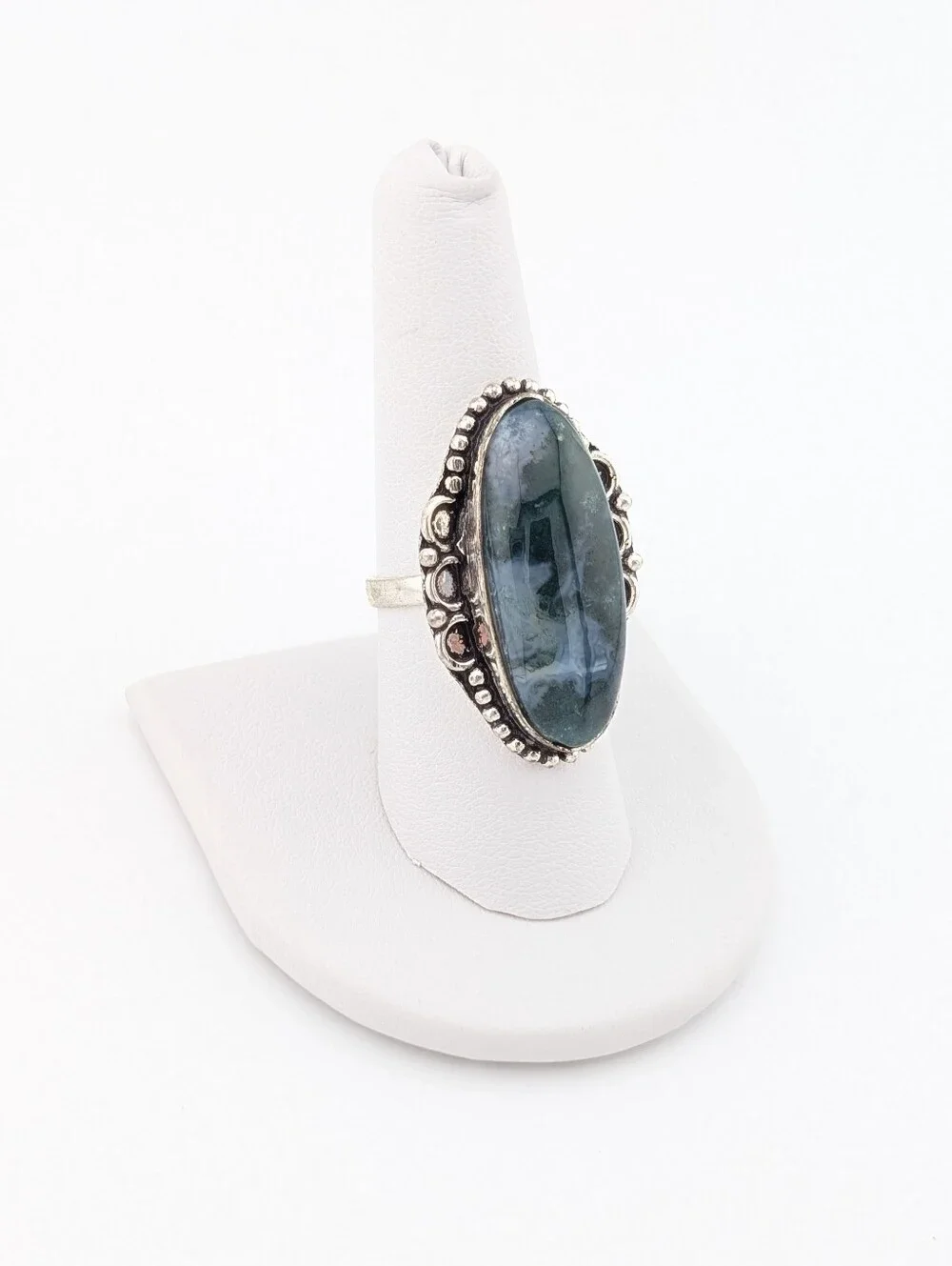 Moss Agate Oval Silver Statement Ring - Bohemian Jewelry - 8.5 - L